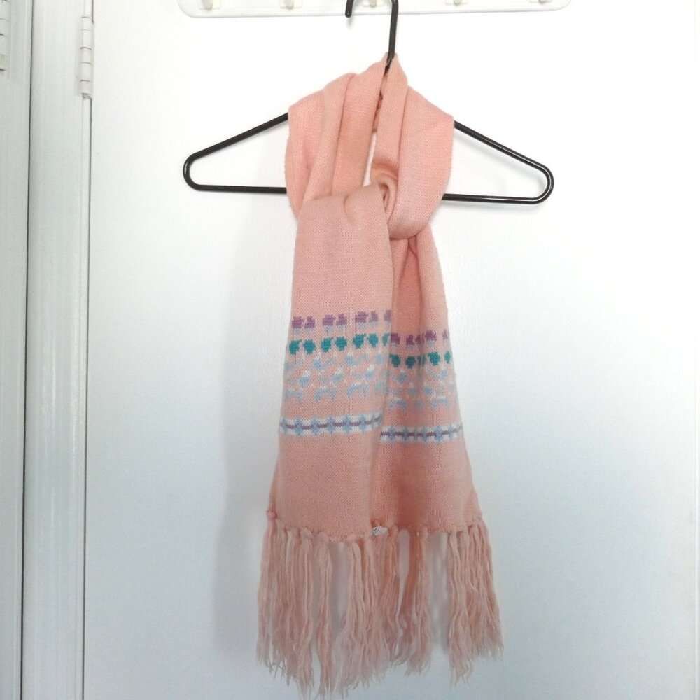 vintage 80s English Village peach pink winter scarf w/ multicolor knit pattern
